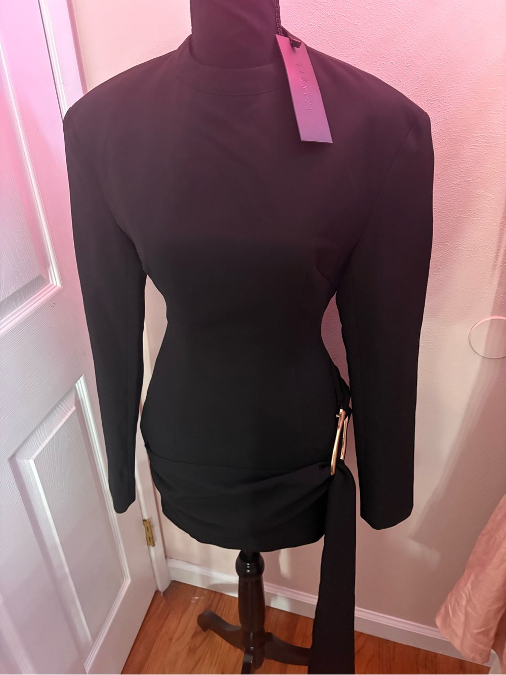 Lioness Black Long-Sleeve Mock Neck Bodycon Dress with Side Buckle Detail